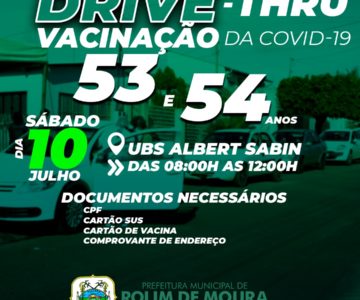 Vacinação em drive-thru acontece neste sábado para pessoas com 53 e 54 anos na Unidade Albert Sabin