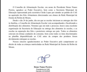 Conselho de Alimentação Escolar emite nota de agradecimento para município pela forma dos trabalhos na distribuição dos kits alimentares