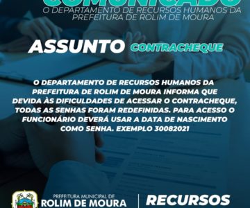 Comunicado do Recursos Humanos da Prefeitura de Rolim de Moura para os servidores municipais