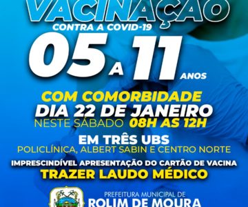 Vacinação contra a COVID-19 em crianças começa no próximo sábado em Rolim de Moura