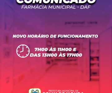 Comunicado da SEMUSA sobre horário de funcionamento da Farmácia Municipal