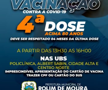 Liberada a 4.ª dose de vacina contra a COVID-19 para as pessoas acima de 80 anos em Rolim de Moura