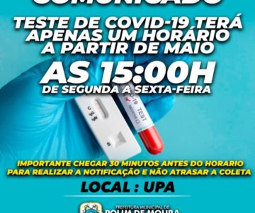 Teste de Covid-19  será feito apenas uma vez ao dia a partir de Maio