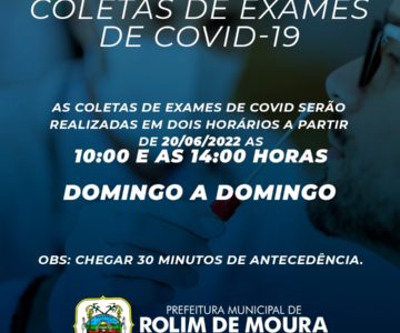 Exames de covid-19 em Rolim de Moura serão realizados todos os dias a partir da próxima segunda-feira, dia 20