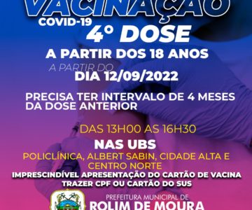 Liberada a quarta dose de vacina contra a COVID-19 para pessoas acima de 18 anos em Rolim de Moura