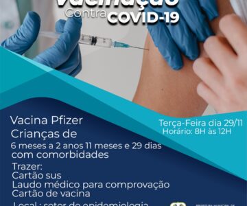 Crianças entre 6 meses e 2 anos, com comorbidades, serão vacinadas contra Covid-19 em Rolim de Moura na próxima semana