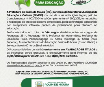 Prefeitura de Rolim de Moura abre processo seletivo para educação com 144 vagas