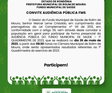 Convite: Audiência Pública do 1.º quadrimestre de 2023 do Fundo Municipal de Saúde