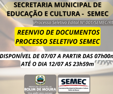 SEMEC disponibiliza link para reenvio de documentos do processo seletivo simplificado edital 001/SEMEC/RM/2023