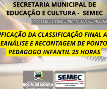 SEMEC publica retificação da classificação final do cargo pedagogo infantil 25 horas após reanálise e recontagem de pontos do processo seletivo simplificado Edital 001/SEMEC/RM/2023