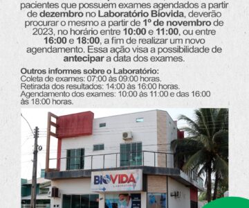 Comunicado da SEMUSA sobre a realização de exames no laboratório BioVida