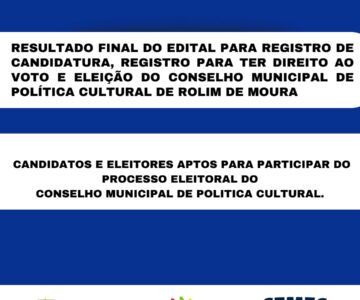 Fica publicado o resultado final do edital para registro de candidatura, registro para ter direito ao voto e eleição do conselho municipal de política cultural de Rolim de Moura