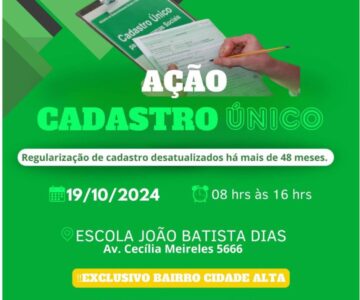 Semas informa que “Ação Cadastro Único” atenderá dia 19 no bairro Cidade Alta