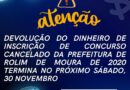 Devolução do dinheiro de inscrição de concurso cancelado da prefeitura de Rolim de Moura de 2020 termina no próximo sábado,30 novembro