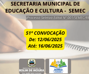 SEMED publica quinquagésima primeira convocação referente ao processo seletivo edital nº 01/SEMEC/RM/2023
