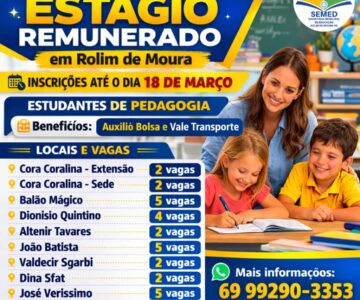 Semed abre novas vagas de estágio remunerado para estudantes de Pedagogia em Rolim de Moura