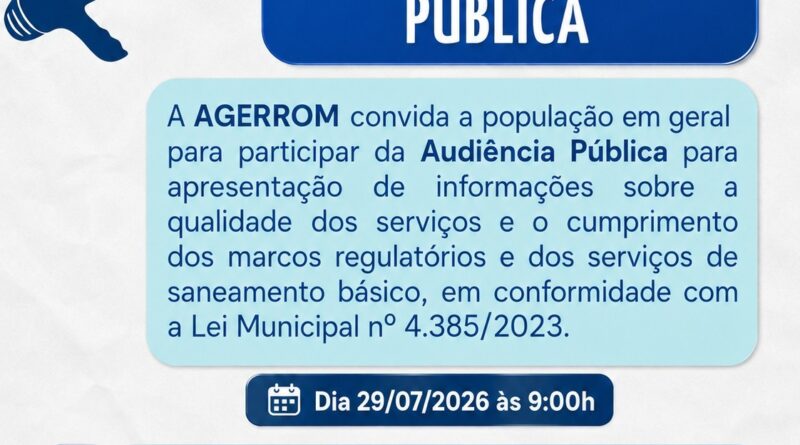 Audiência Pública da AGERROM será no dia 29
