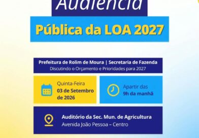 Audiência Pública de apresentação e discussão da proposta da Lei Orçamentária Anual – LOA 2027 será dia 3 de setembro