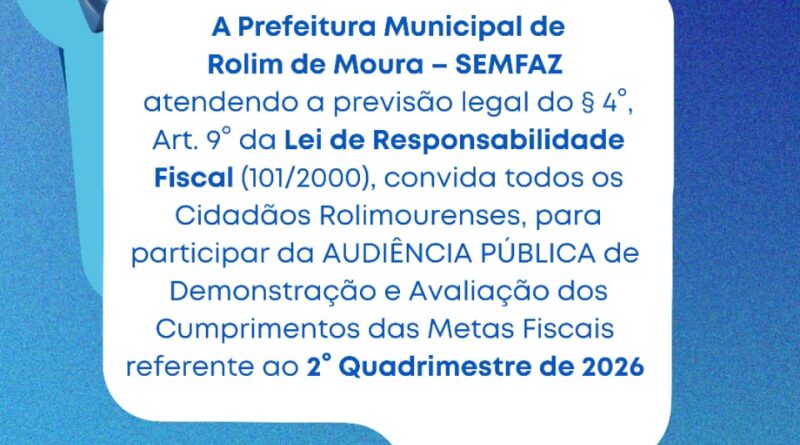 Audiência Pública para apresentação das metas fiscais do 2º quadrimestre de 2026 será dia 30