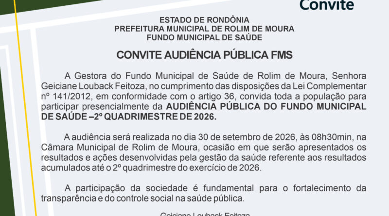Audiência Pública do Fundo Municipal de Saúde será no próximo dia 30