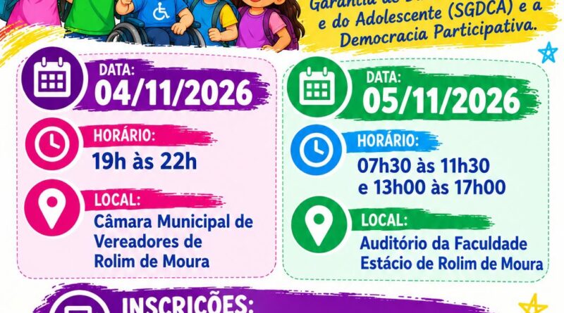 Inscreva-se aqui para a 13ª Conferência Municipal dos Direitos da Criança e do Adolescente de Rolim de Moura