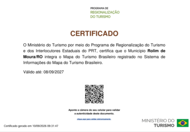 Rolim de Moura mantém certificação no Mapa do Turismo Brasileiro e fortalece acesso a recursos para o setor