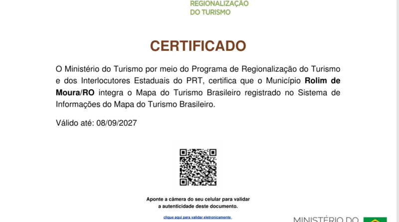 Rolim de Moura mantém certificação no Mapa do Turismo Brasileiro e fortalece acesso a recursos para o setor